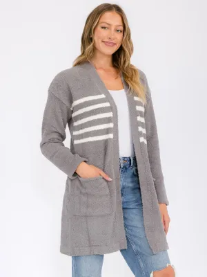 WOMEN'S LONG SLEEVE OPEN FRONT STRIPES POCKETS CARDIGAN