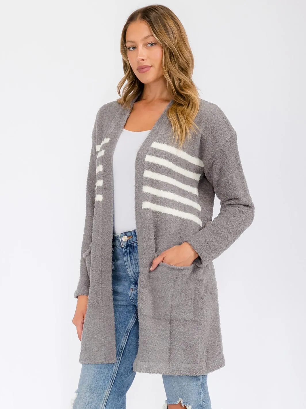 WOMEN'S LONG SLEEVE OPEN FRONT STRIPES POCKETS CARDIGAN