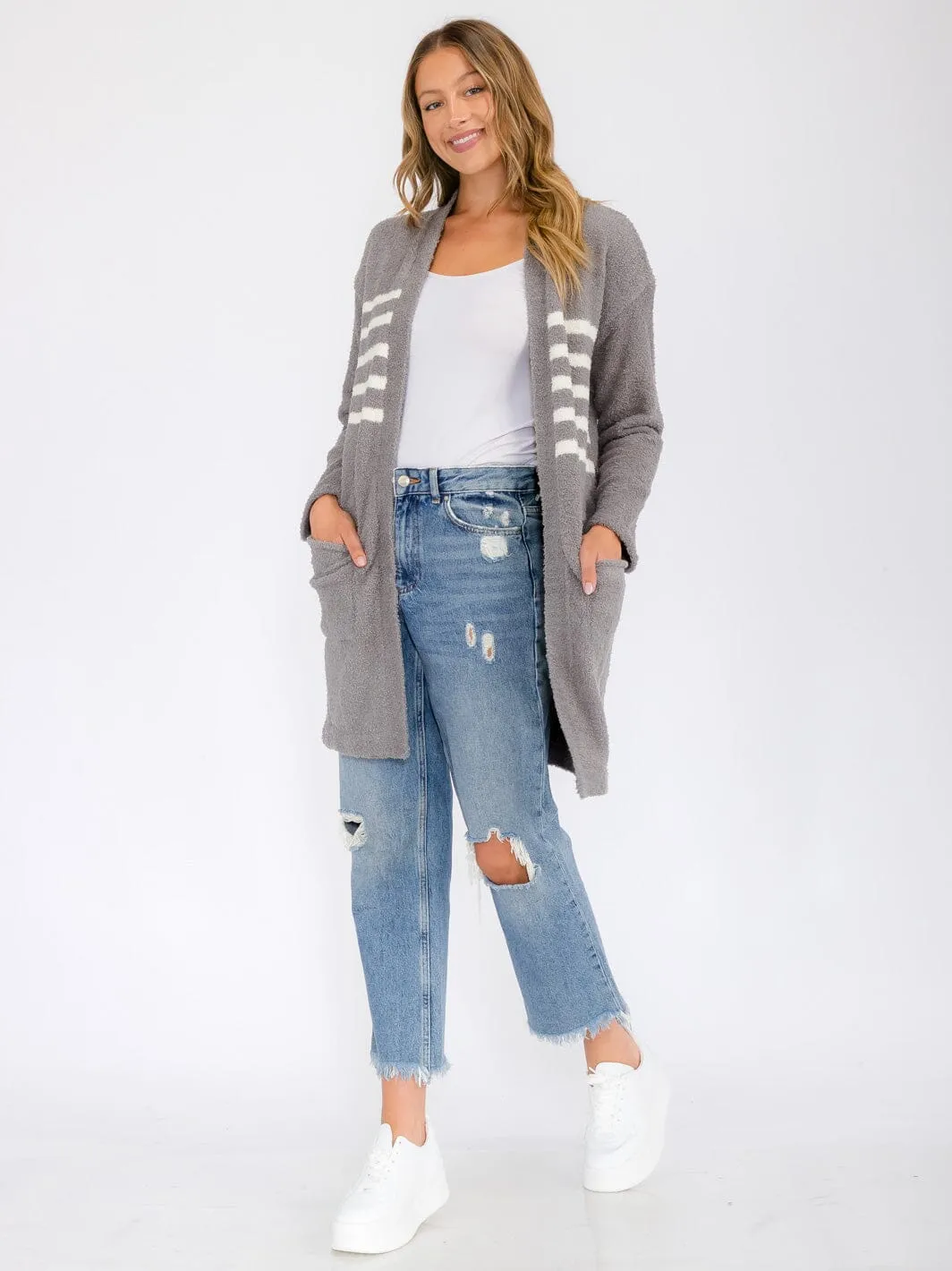 WOMEN'S LONG SLEEVE OPEN FRONT STRIPES POCKETS CARDIGAN