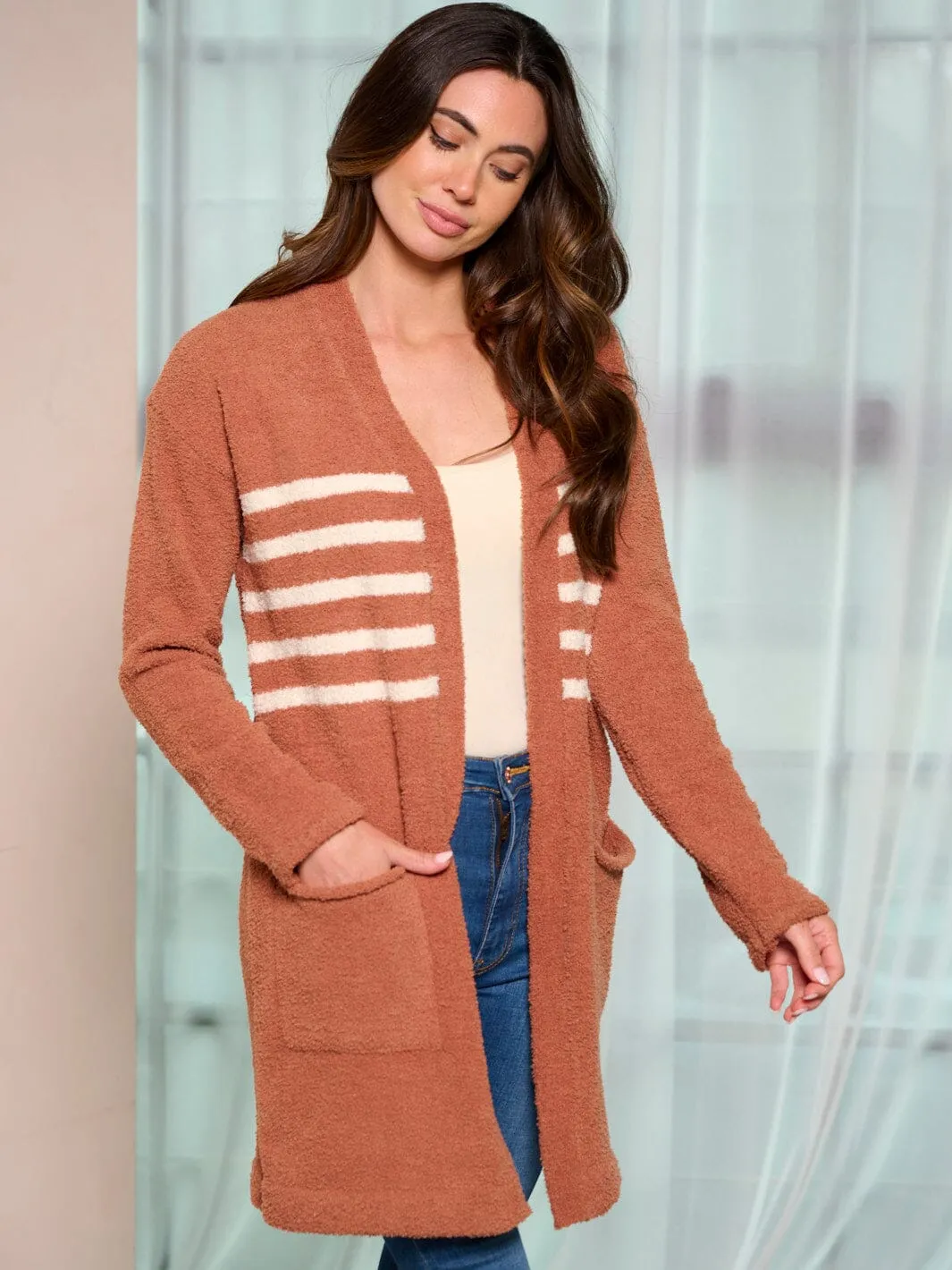WOMEN'S LONG SLEEVE OPEN FRONT STRIPES POCKETS CARDIGAN
