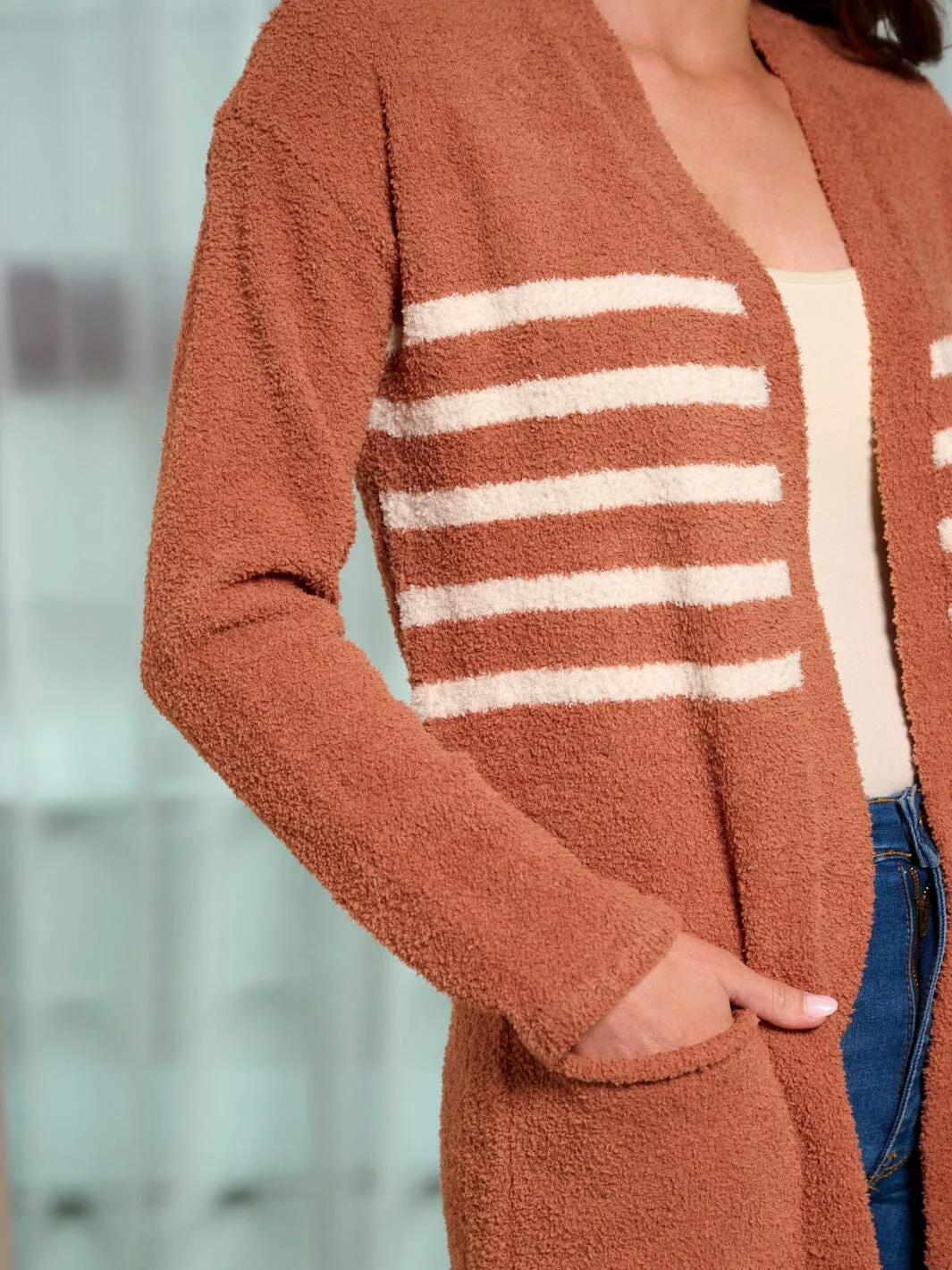 WOMEN'S LONG SLEEVE OPEN FRONT STRIPES POCKETS CARDIGAN
