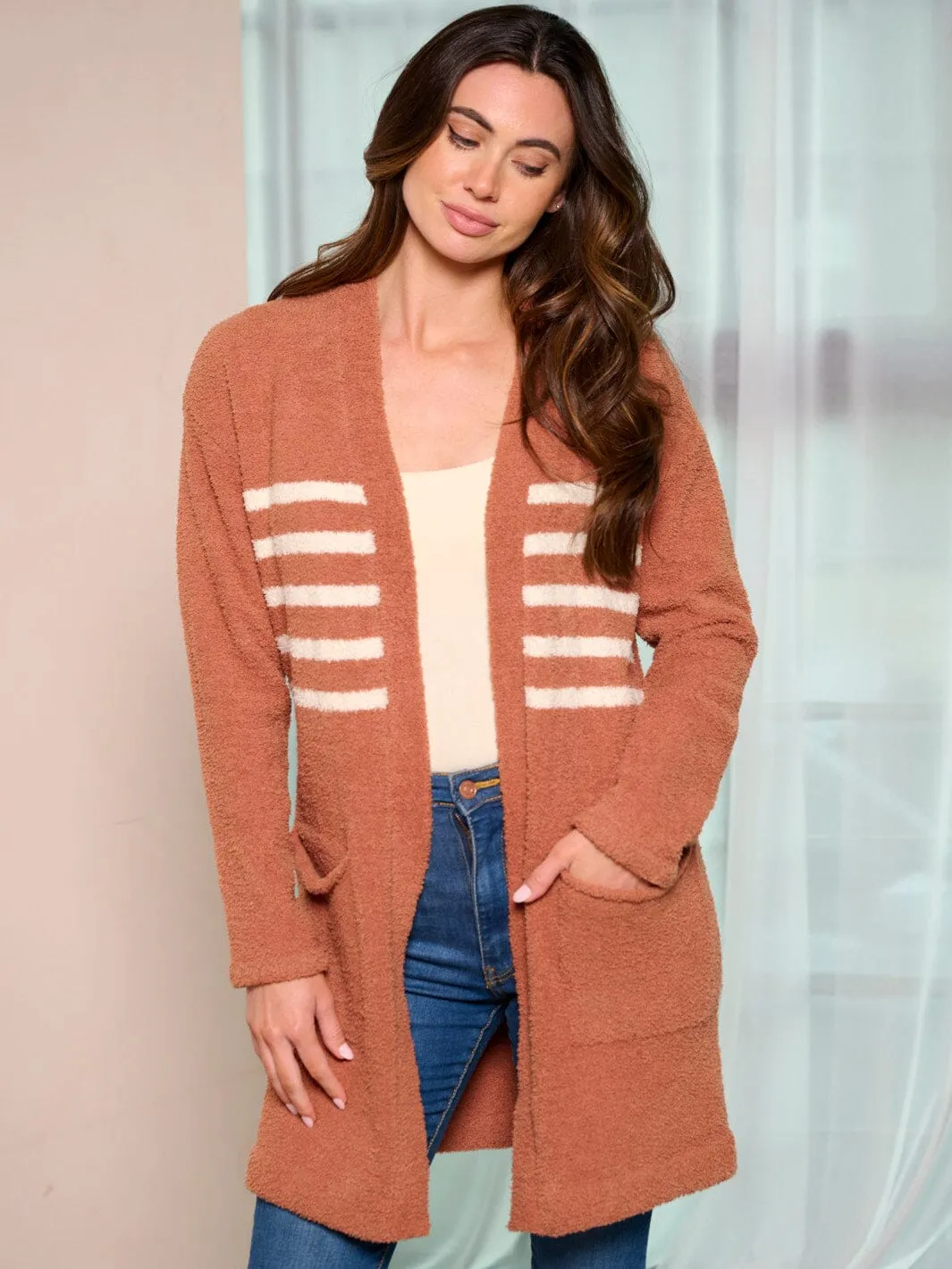 WOMEN'S LONG SLEEVE OPEN FRONT STRIPES POCKETS CARDIGAN