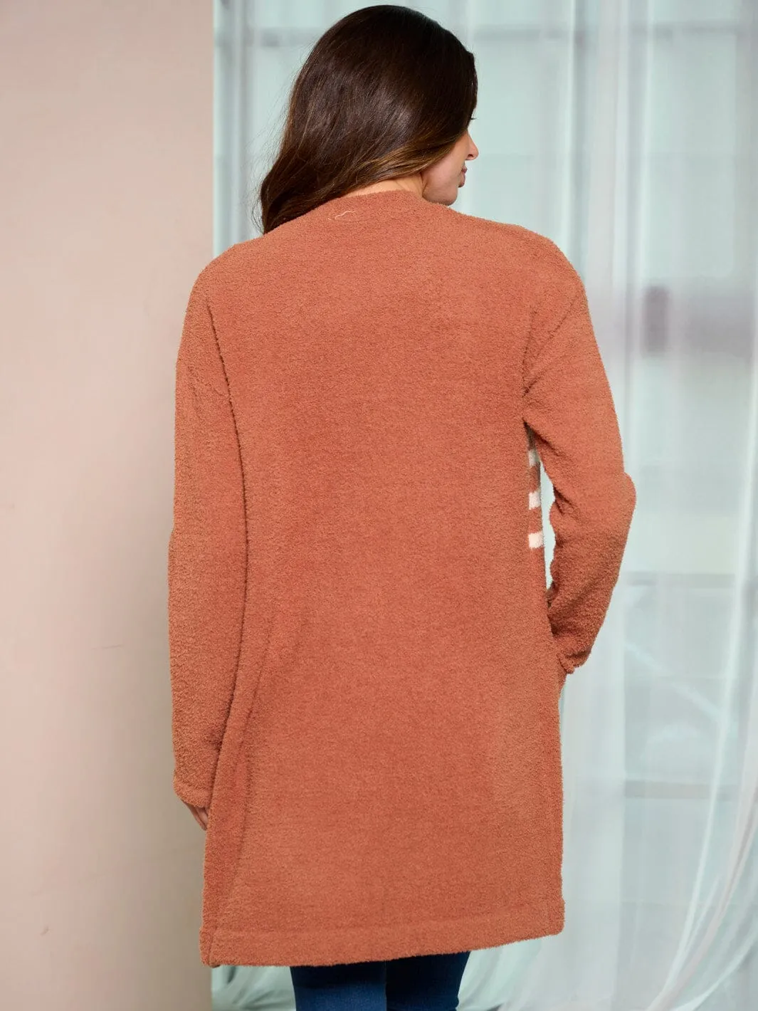 WOMEN'S LONG SLEEVE OPEN FRONT STRIPES POCKETS CARDIGAN