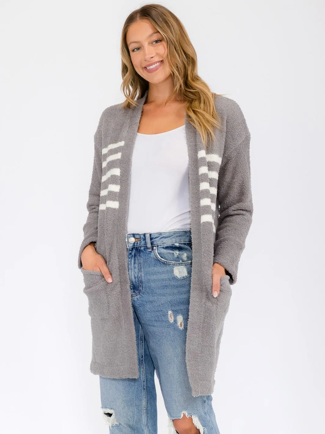 WOMEN'S LONG SLEEVE OPEN FRONT STRIPES POCKETS CARDIGAN
