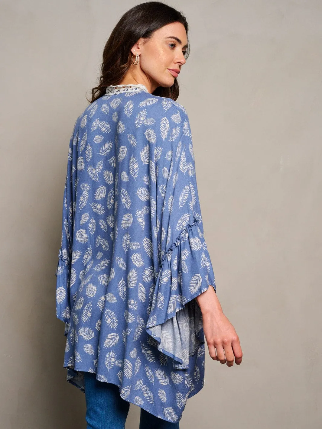WOMEN'S LONG SLEEVE OPEN FRONT TRIM DETAILED LEAF PRINT KIMONO