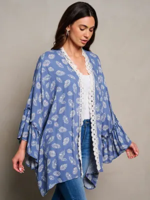 WOMEN'S LONG SLEEVE OPEN FRONT TRIM DETAILED LEAF PRINT KIMONO