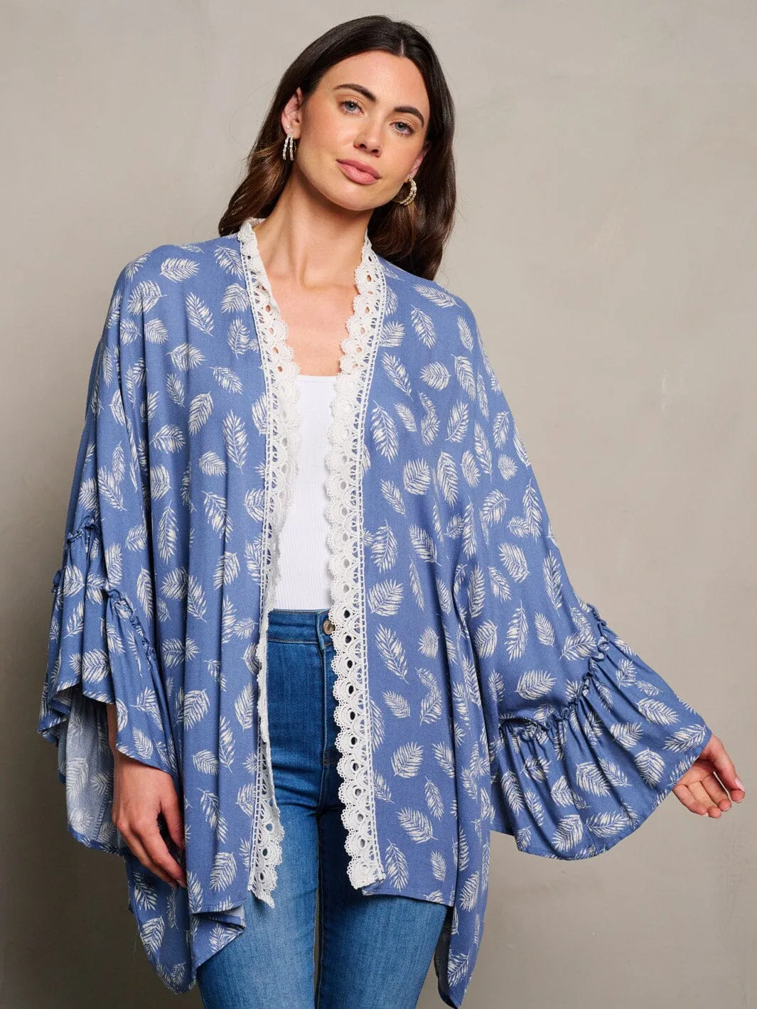 WOMEN'S LONG SLEEVE OPEN FRONT TRIM DETAILED LEAF PRINT KIMONO