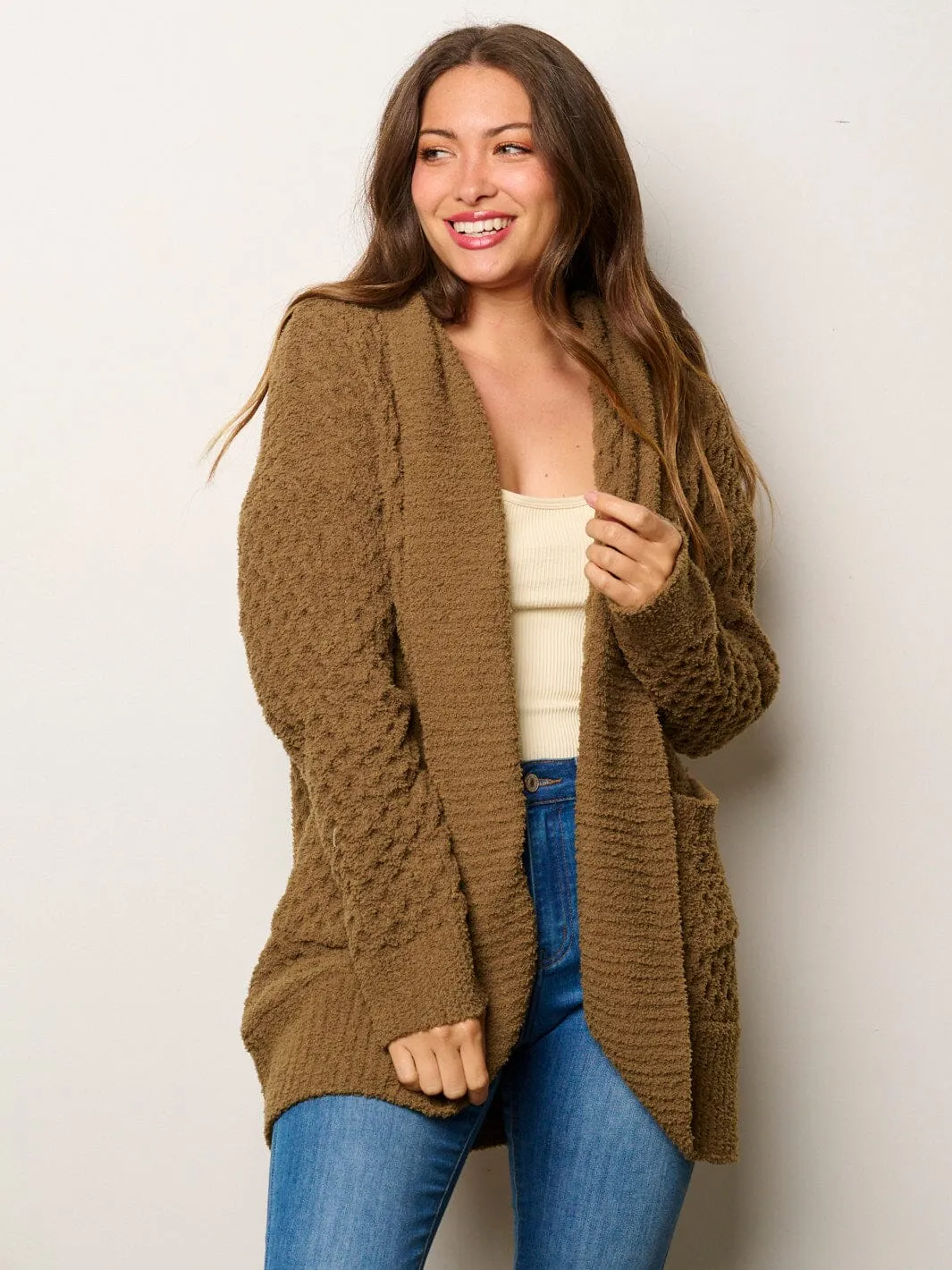 WOMEN'S LONG SLEEVE POCKETS OPEN FRONT DETAILED CARDIGAN