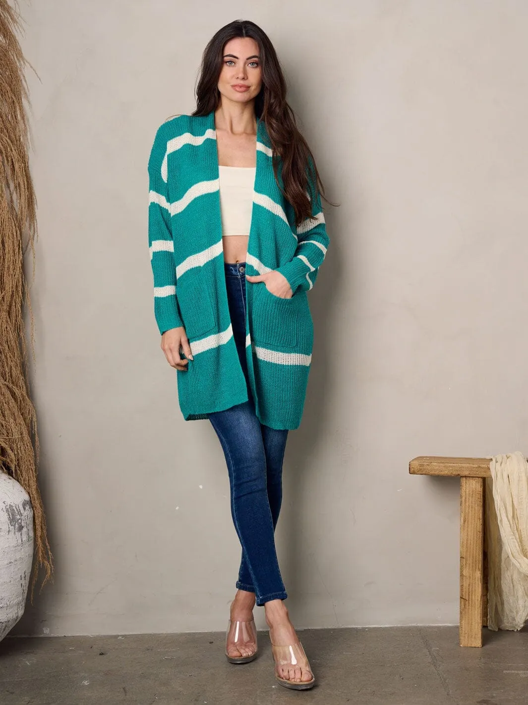 WOMEN'S LONG SLEEVE POCKETS STRIPES COLORBLOCK CARDIGAN