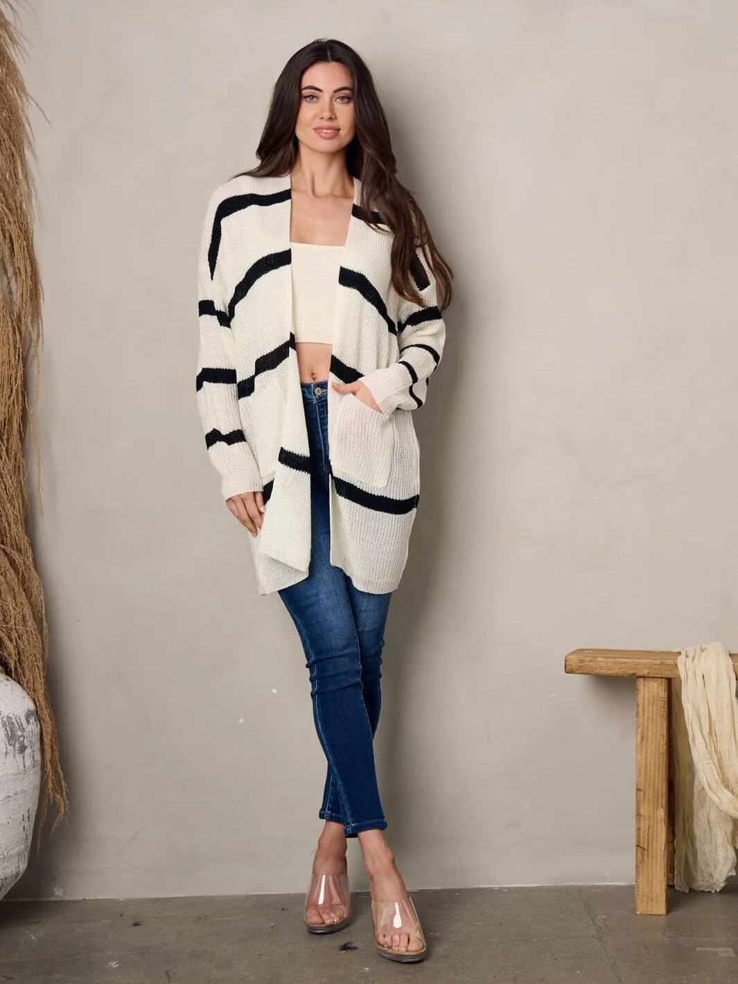 WOMEN'S LONG SLEEVE POCKETS STRIPES COLORBLOCK CARDIGAN