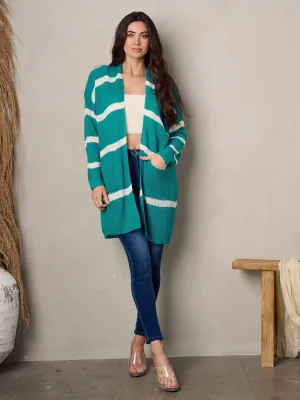 WOMEN'S LONG SLEEVE POCKETS STRIPES COLORBLOCK CARDIGAN