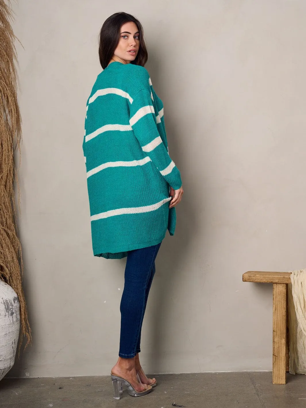 WOMEN'S LONG SLEEVE POCKETS STRIPES COLORBLOCK CARDIGAN