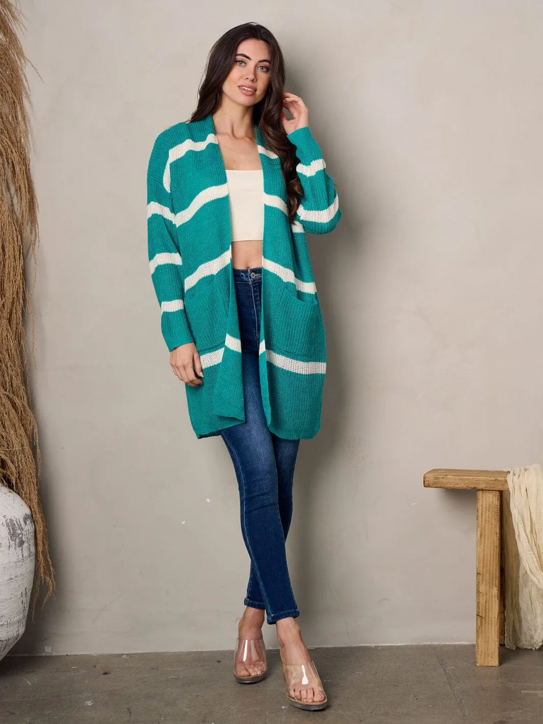 WOMEN'S LONG SLEEVE POCKETS STRIPES COLORBLOCK CARDIGAN