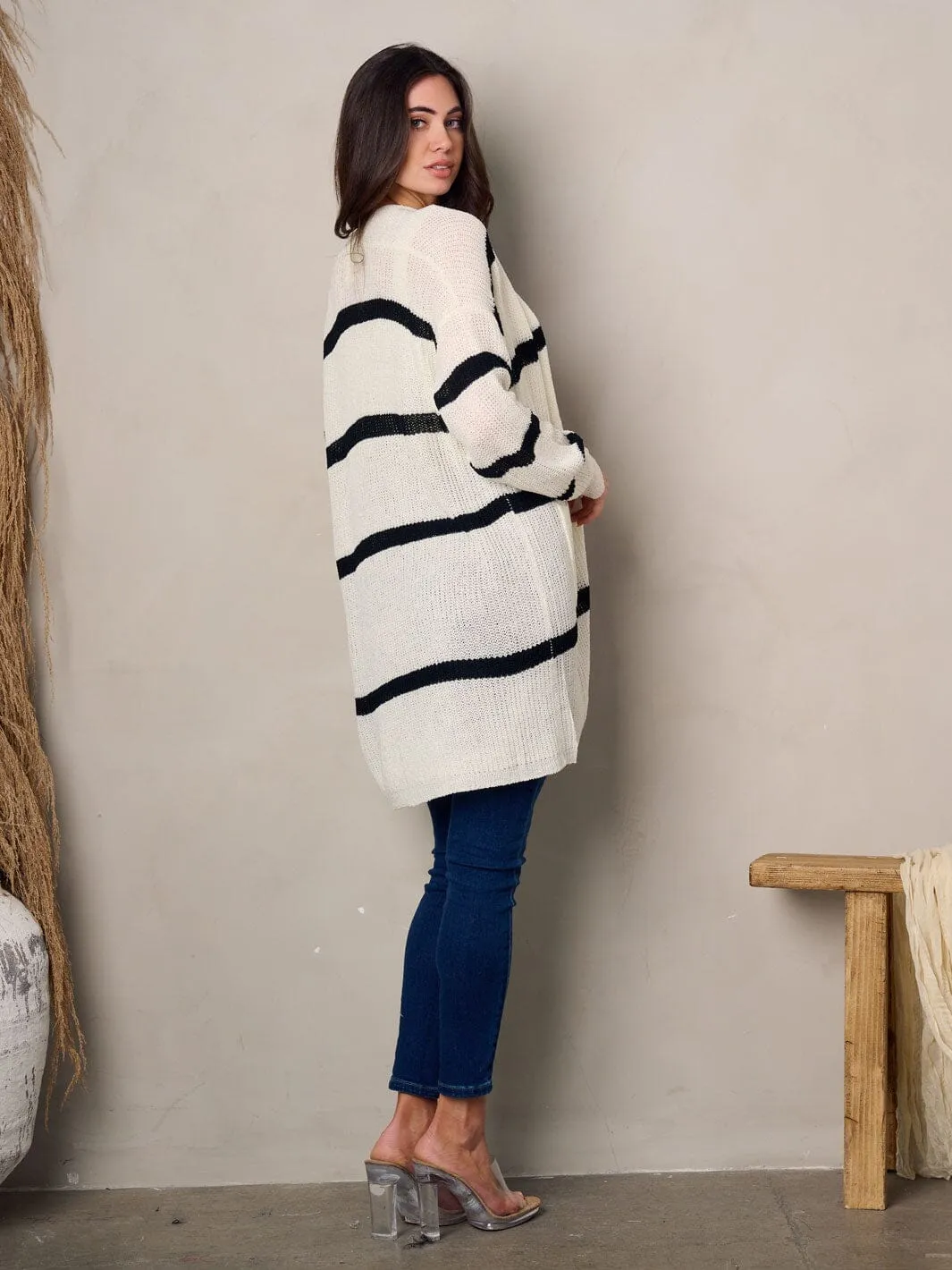 WOMEN'S LONG SLEEVE POCKETS STRIPES COLORBLOCK CARDIGAN