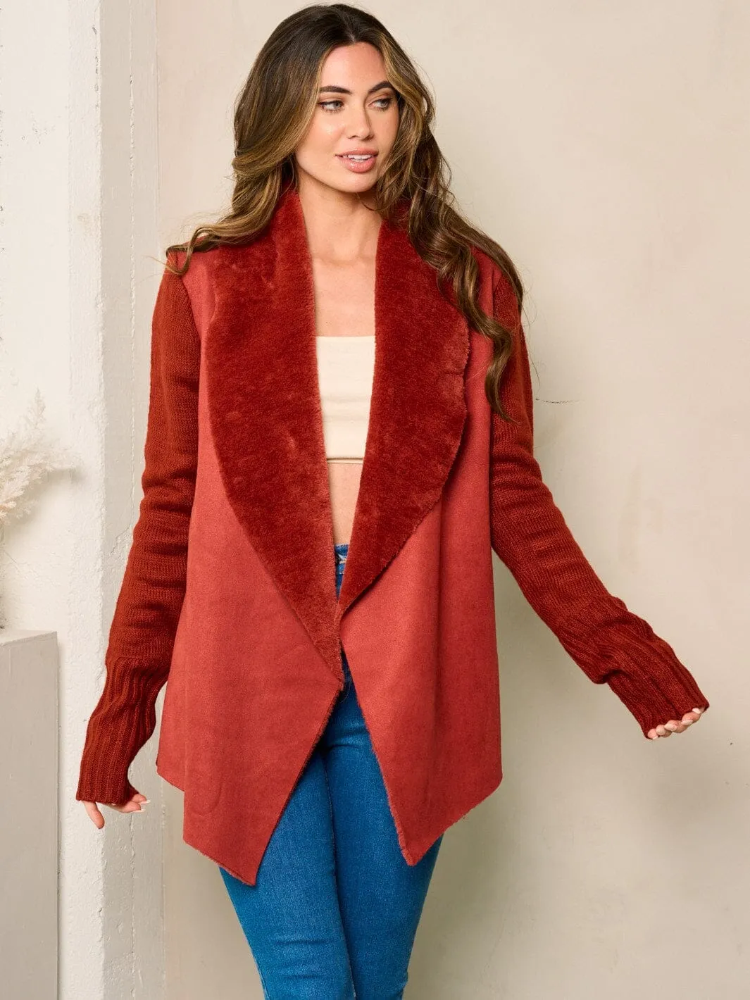WOMEN'S LONG SLEEVE SHERPA OPEN FRONT CARDIGAN