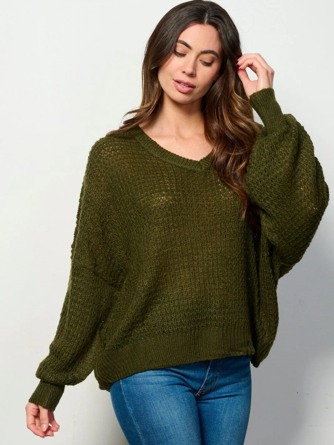 WOMEN'S LONG SLEEVE V-NECK KNIT PULLOVER SWEATER