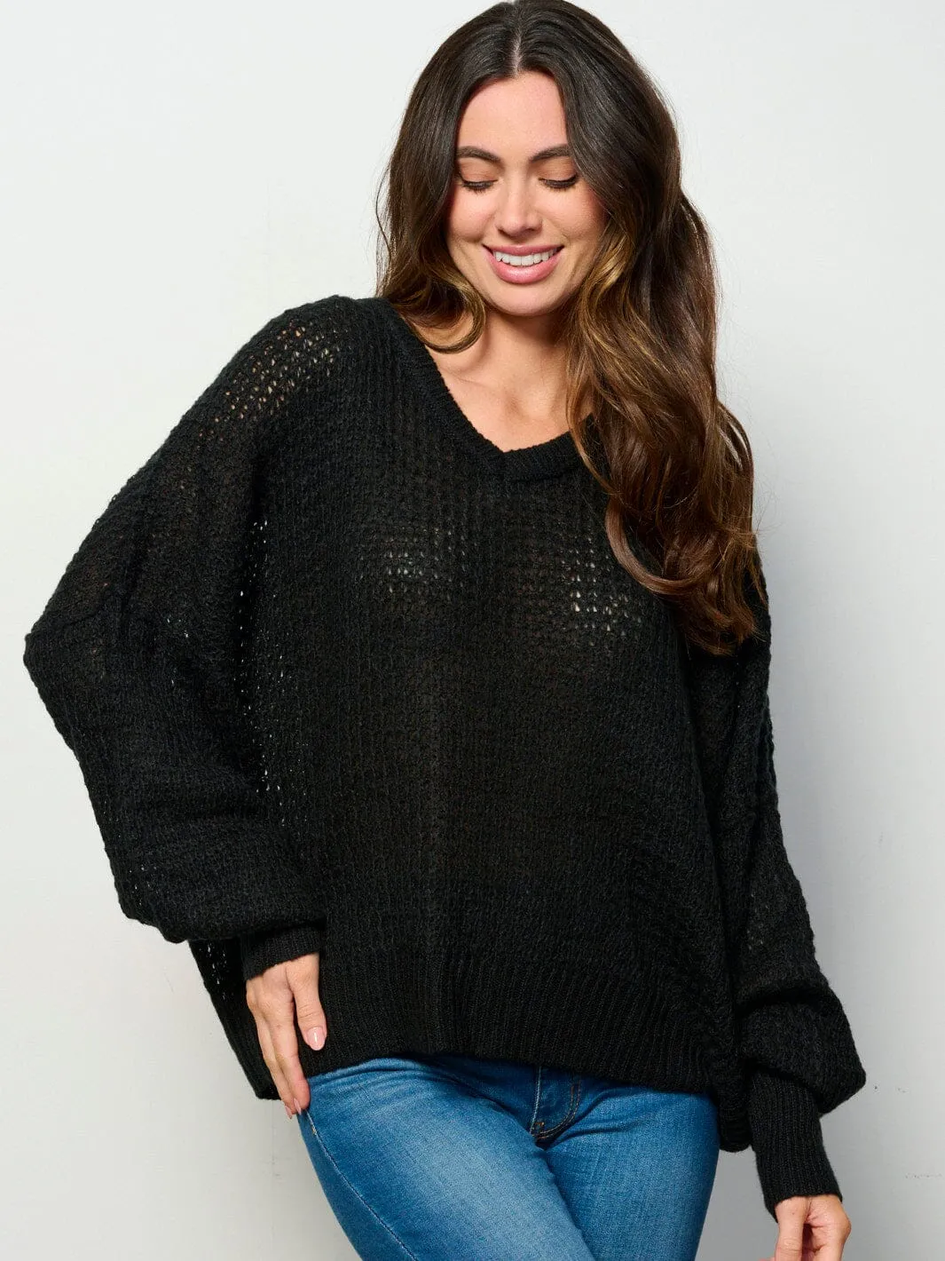 WOMEN'S LONG SLEEVE V-NECK KNIT PULLOVER SWEATER