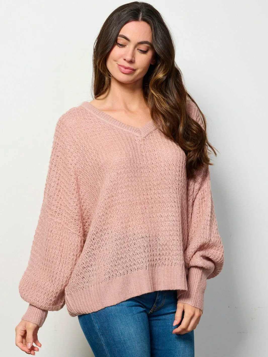 WOMEN'S LONG SLEEVE V-NECK KNIT PULLOVER SWEATER