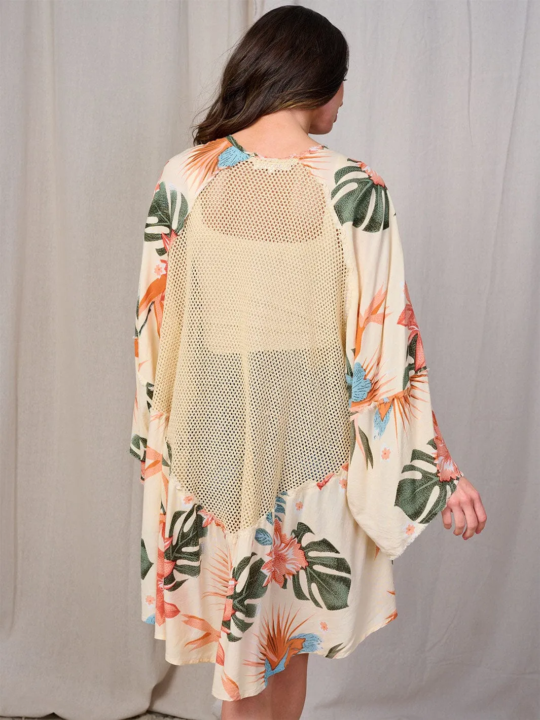 WOMEN'S LONG SLEEVES OPEN FRONT FLORAL MESH KIMONO