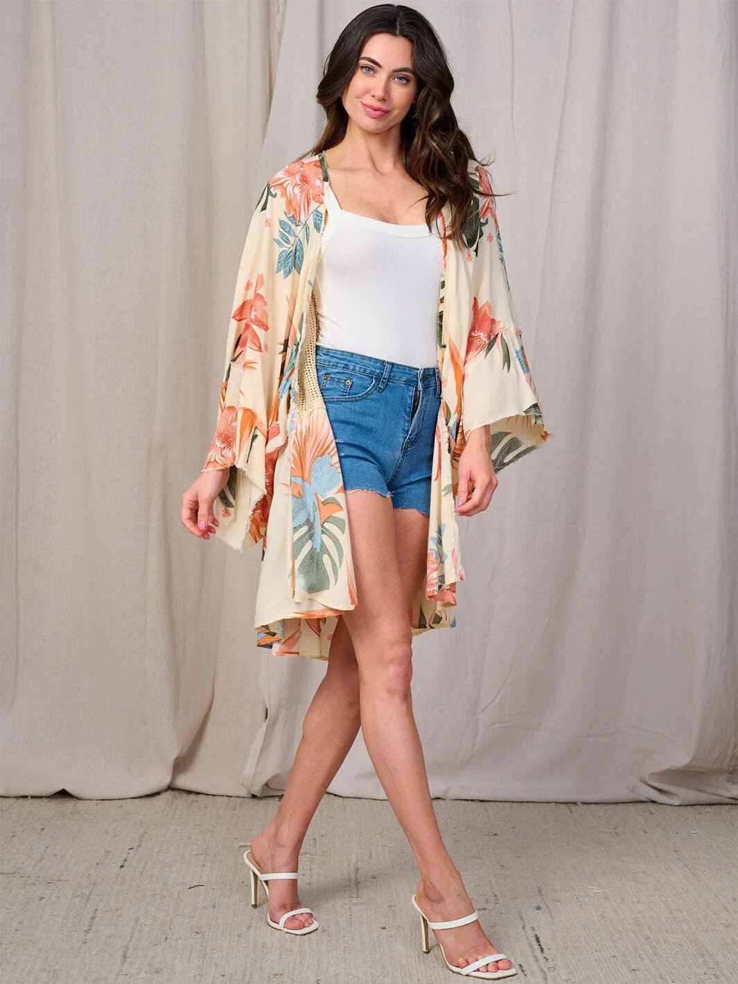 WOMEN'S LONG SLEEVES OPEN FRONT FLORAL MESH KIMONO