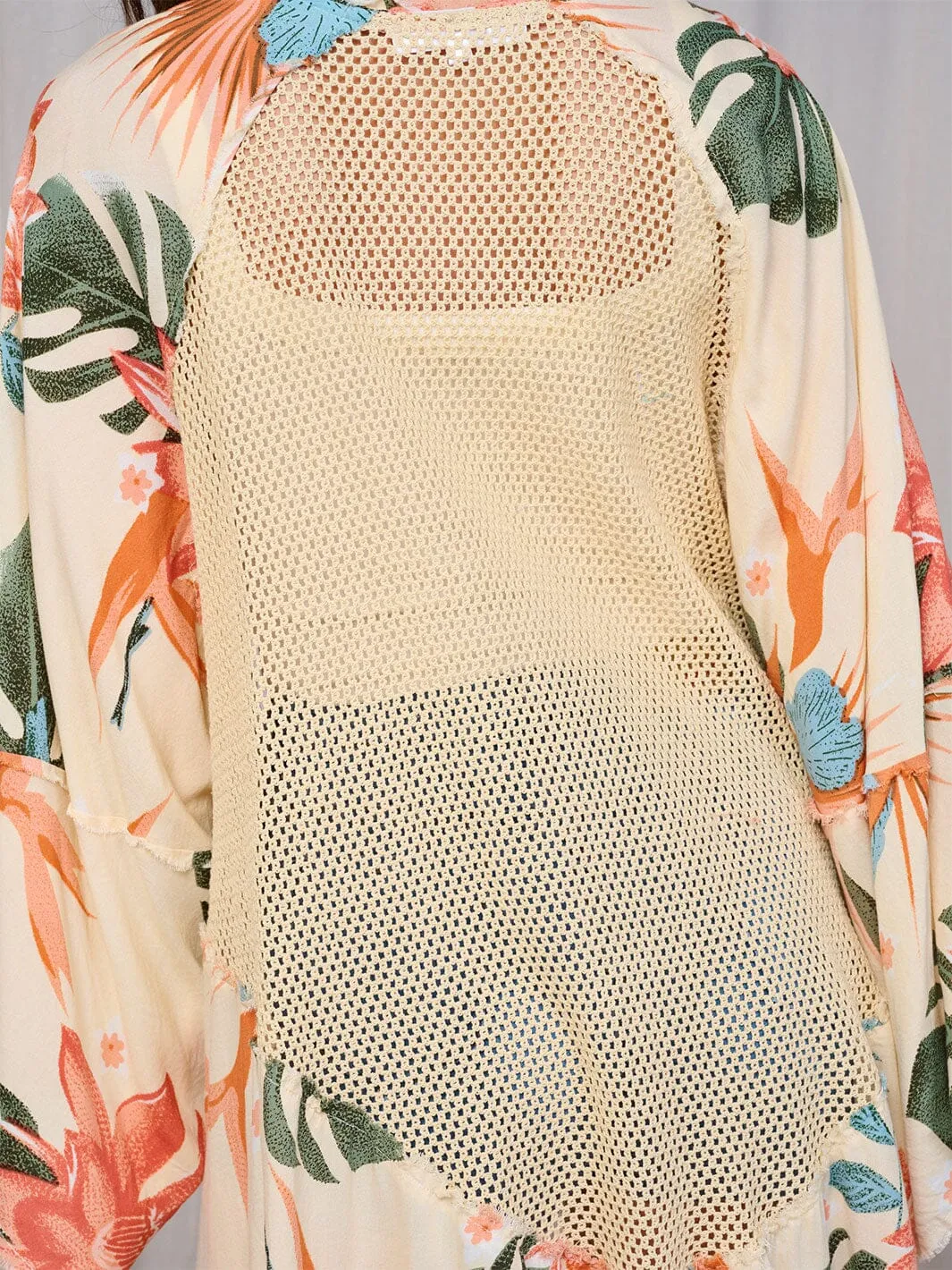WOMEN'S LONG SLEEVES OPEN FRONT FLORAL MESH KIMONO