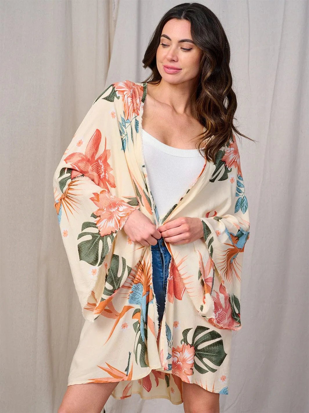 WOMEN'S LONG SLEEVES OPEN FRONT FLORAL MESH KIMONO