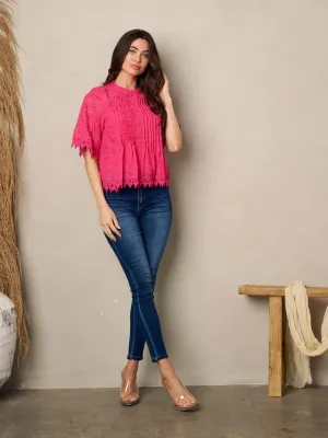WOMEN'S SHORT SLEEVE EYELET LACE TRIM PLEATED TOP