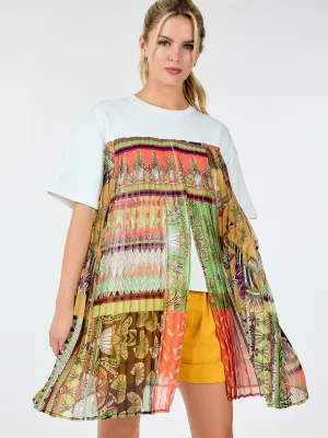 WOMEN'S SHORT SLEEVE MULTI PRINT PLEATED BLOUSE