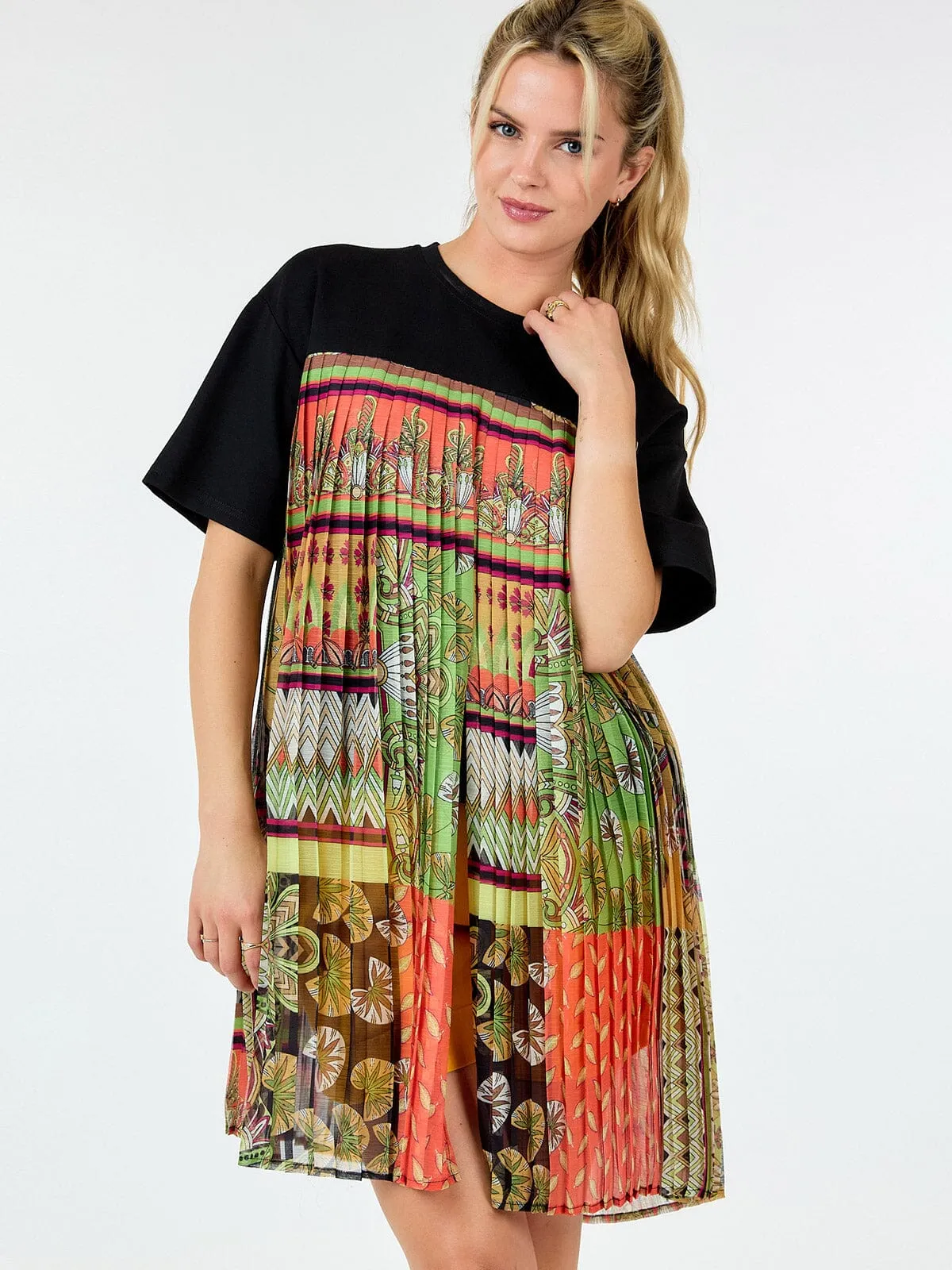 WOMEN'S SHORT SLEEVE MULTI PRINT PLEATED BLOUSE