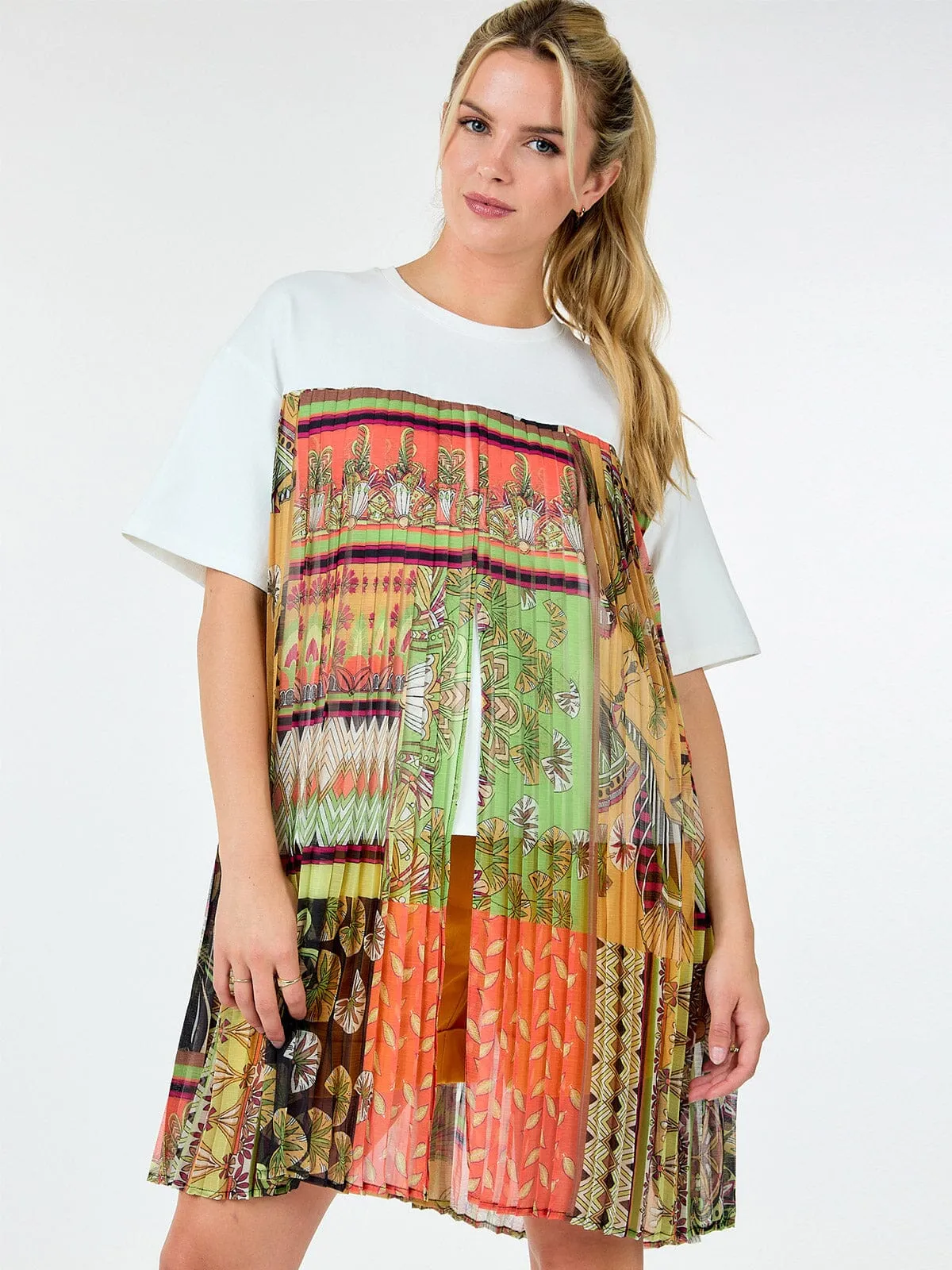 WOMEN'S SHORT SLEEVE MULTI PRINT PLEATED BLOUSE