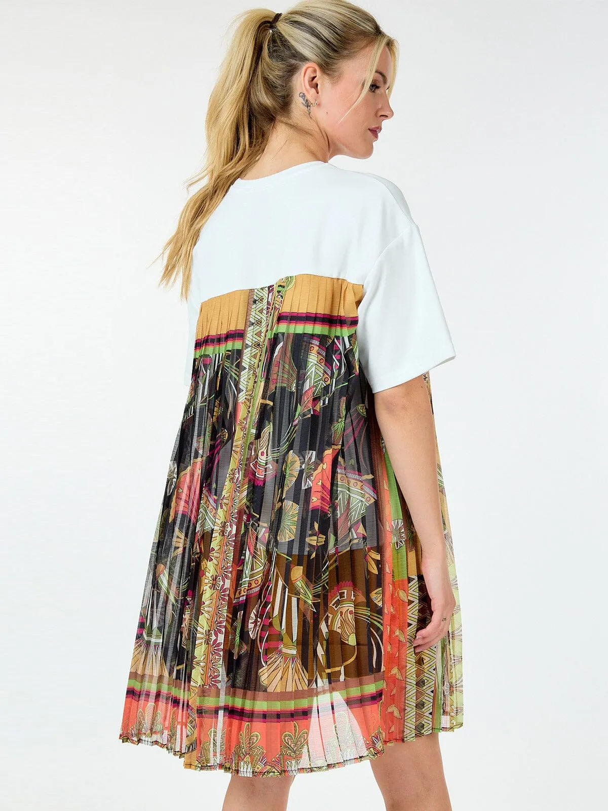 WOMEN'S SHORT SLEEVE MULTI PRINT PLEATED BLOUSE