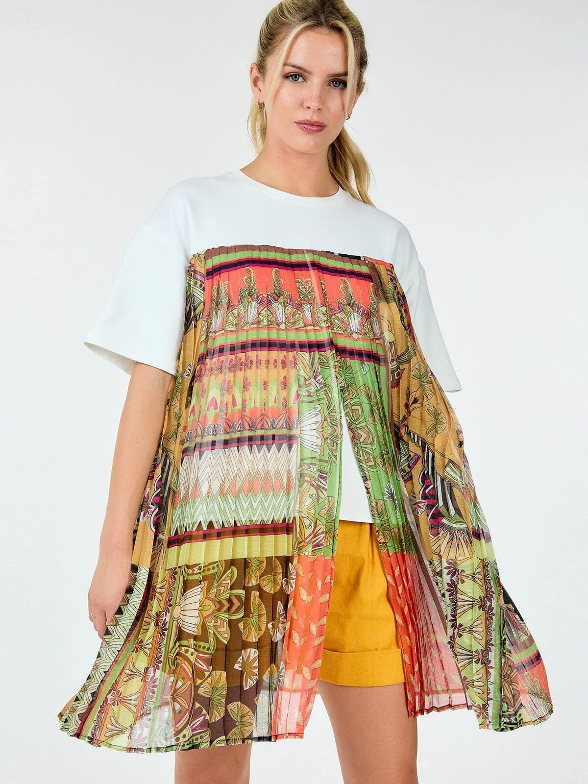 WOMEN'S SHORT SLEEVE MULTI PRINT PLEATED BLOUSE
