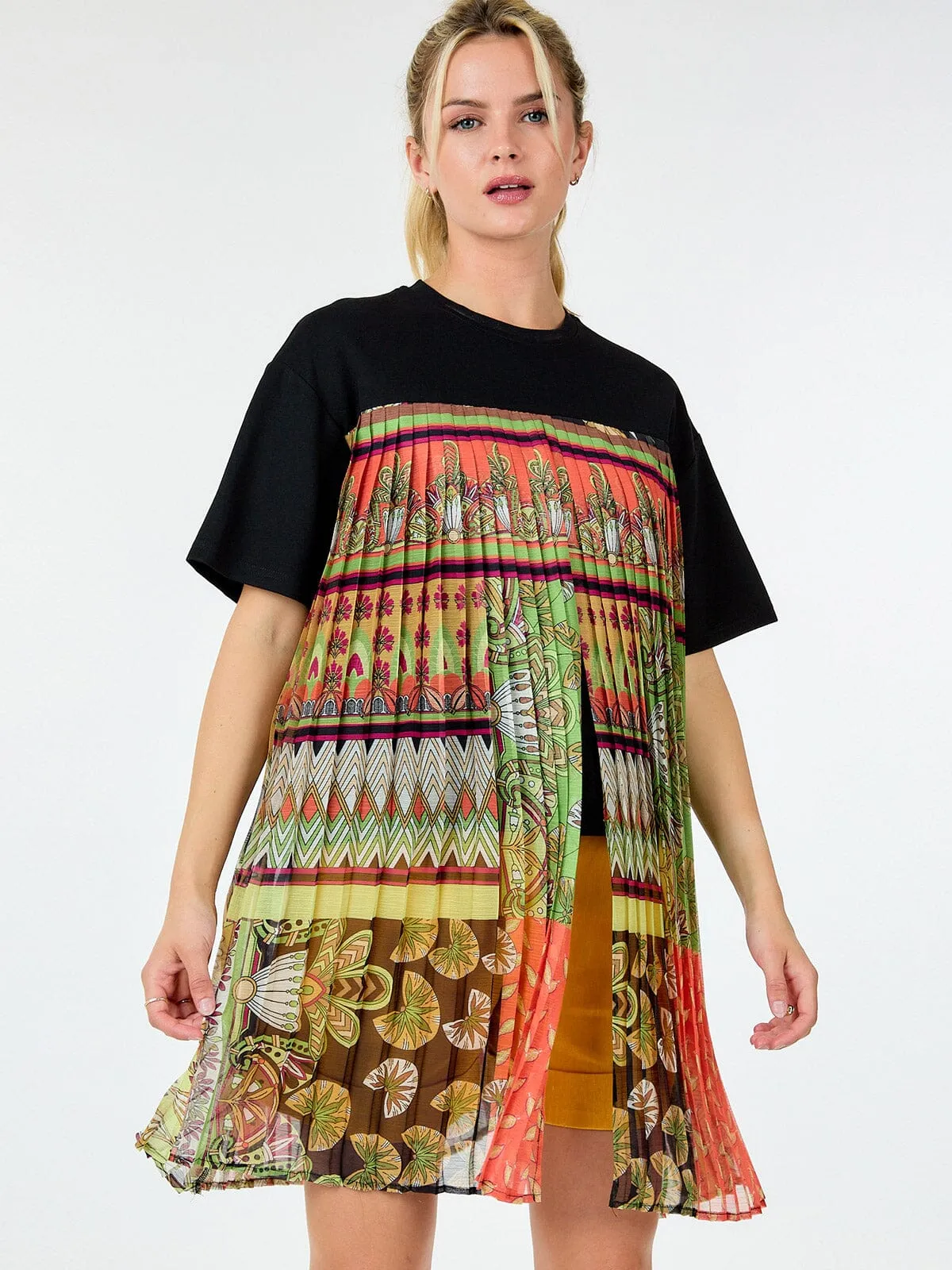 WOMEN'S SHORT SLEEVE MULTI PRINT PLEATED BLOUSE