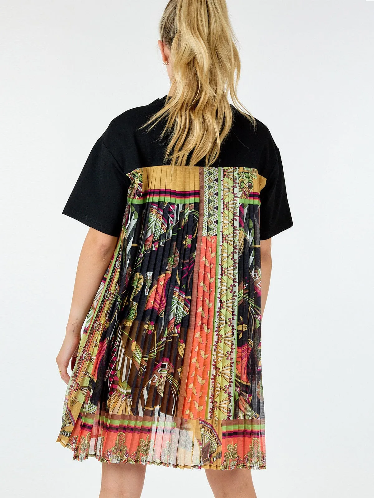 WOMEN'S SHORT SLEEVE MULTI PRINT PLEATED BLOUSE