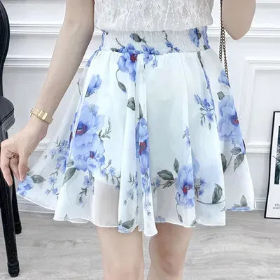 Women's skirt summer high waist printed chiffon pleated floral short skirt Safety one word floral mini skirt
