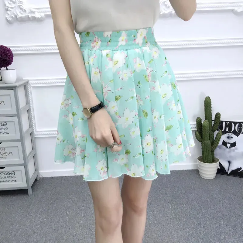 Women's skirt summer high waist printed chiffon pleated floral short skirt Safety one word floral mini skirt