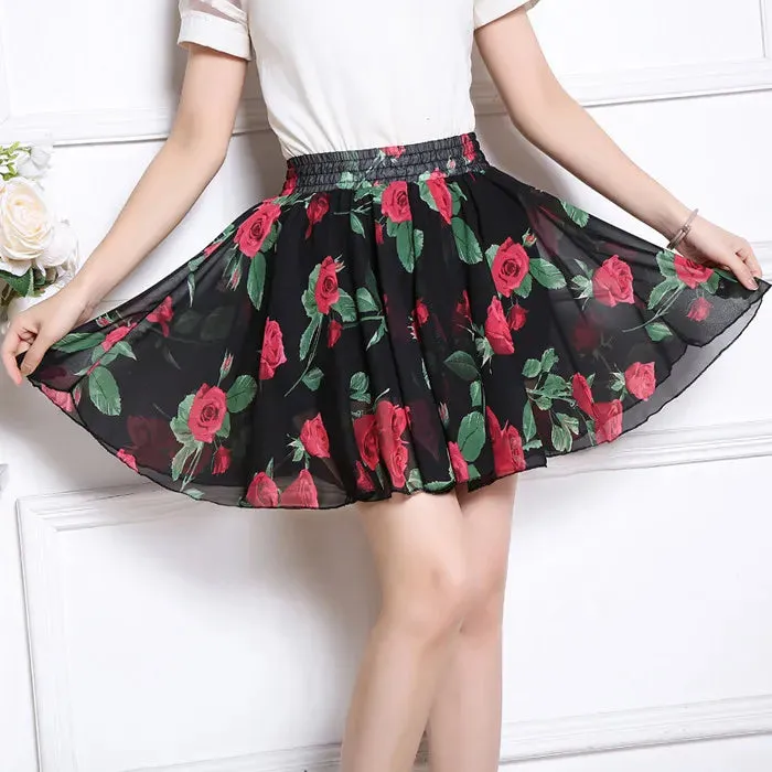 Women's skirt summer high waist printed chiffon pleated floral short skirt Safety one word floral mini skirt