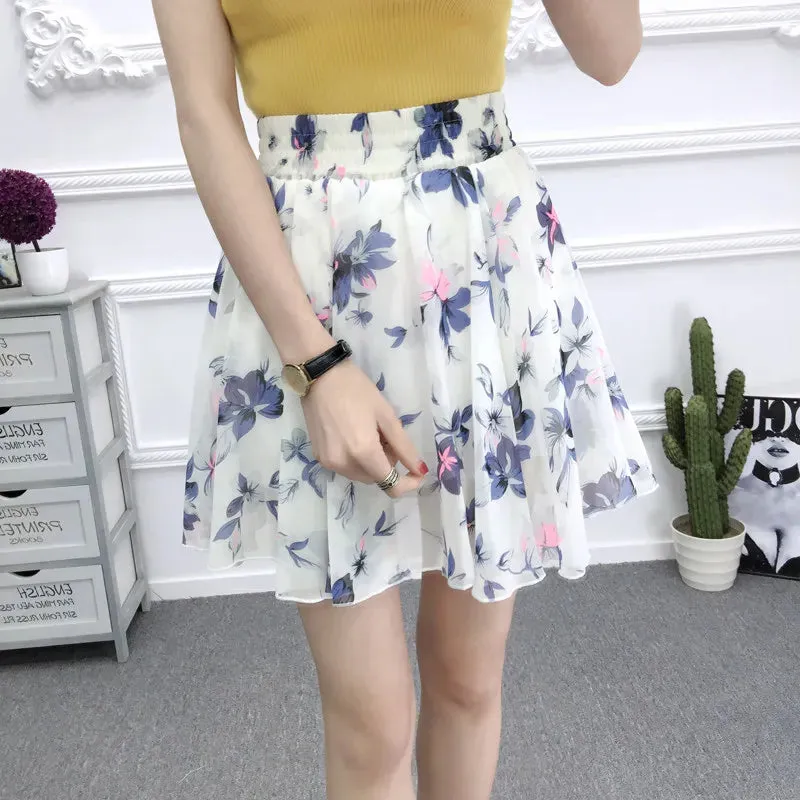 Women's skirt summer high waist printed chiffon pleated floral short skirt Safety one word floral mini skirt