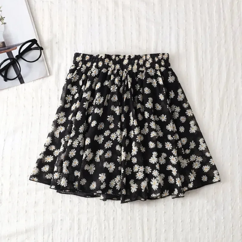 Women's skirt summer high waist printed chiffon pleated floral short skirt Safety one word floral mini skirt