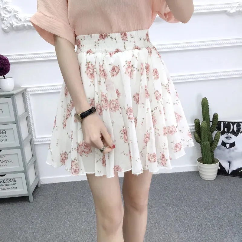 Women's skirt summer high waist printed chiffon pleated floral short skirt Safety one word floral mini skirt