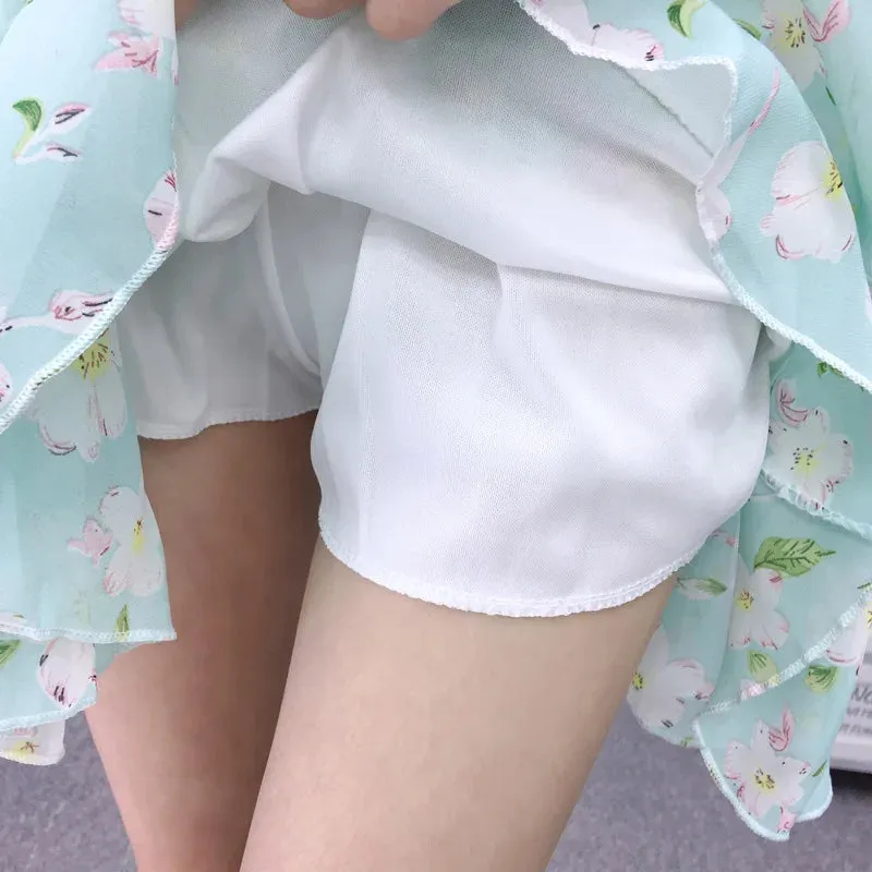 Women's skirt summer high waist printed chiffon pleated floral short skirt Safety one word floral mini skirt