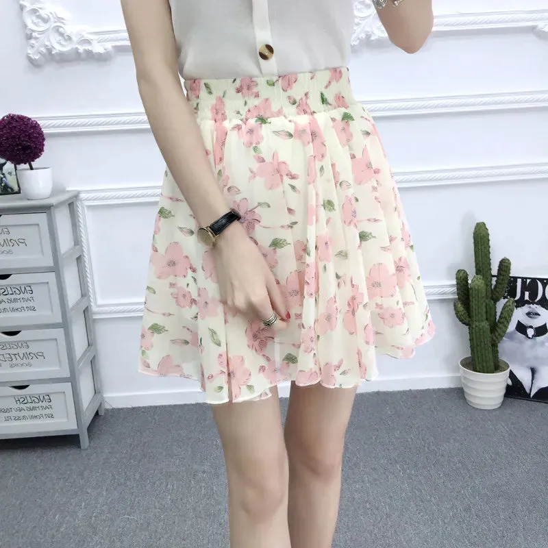 Women's skirt summer high waist printed chiffon pleated floral short skirt Safety one word floral mini skirt