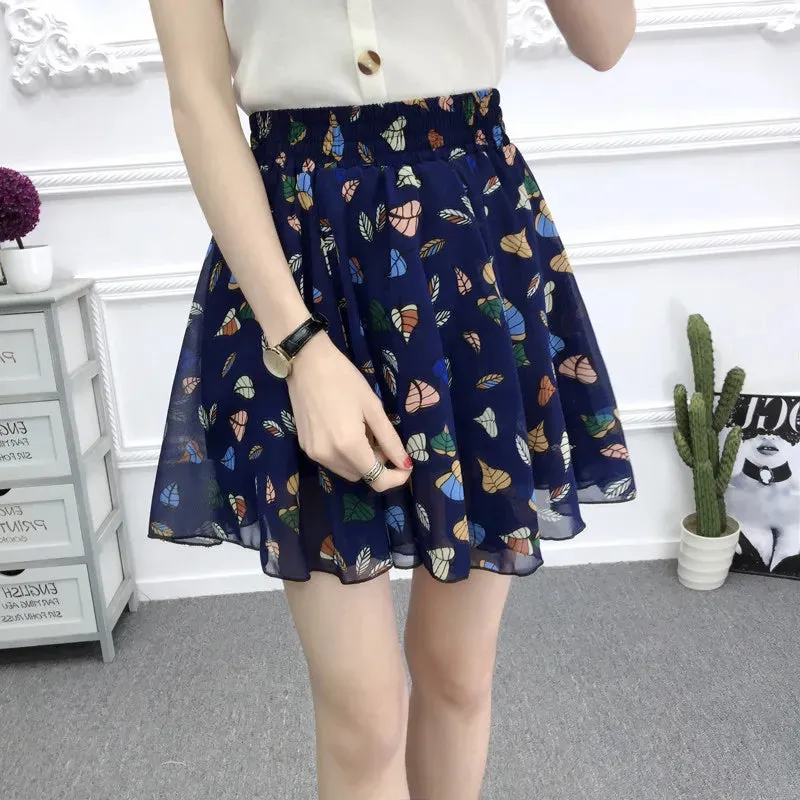 Women's skirt summer high waist printed chiffon pleated floral short skirt Safety one word floral mini skirt