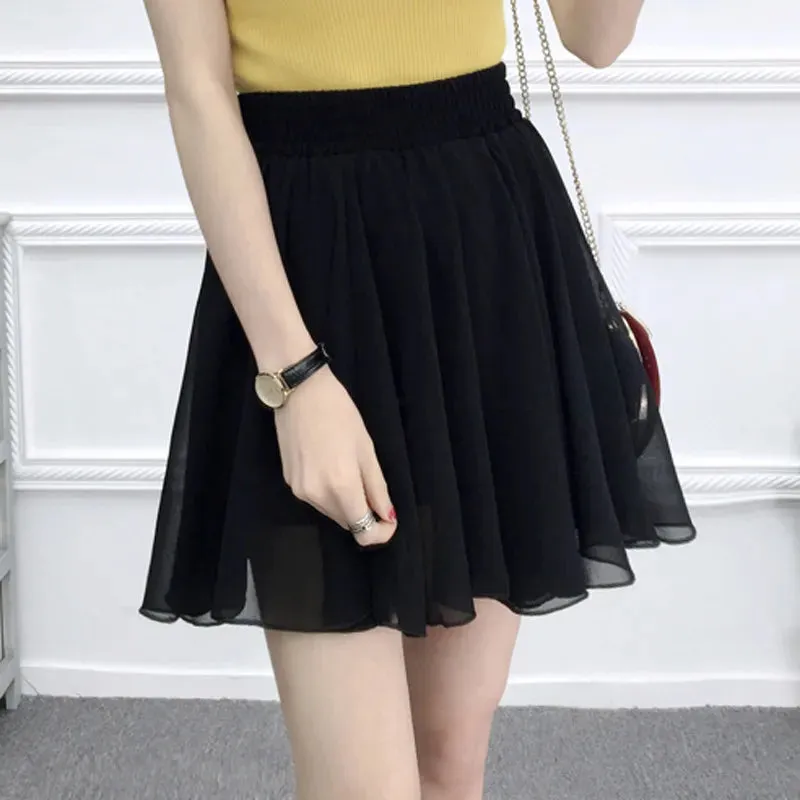 Women's skirt summer high waist printed chiffon pleated floral short skirt Safety one word floral mini skirt