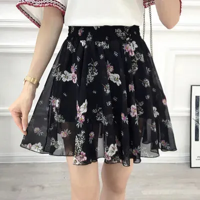Women's skirt summer high waist printed chiffon pleated floral short skirt Safety one word floral mini skirt