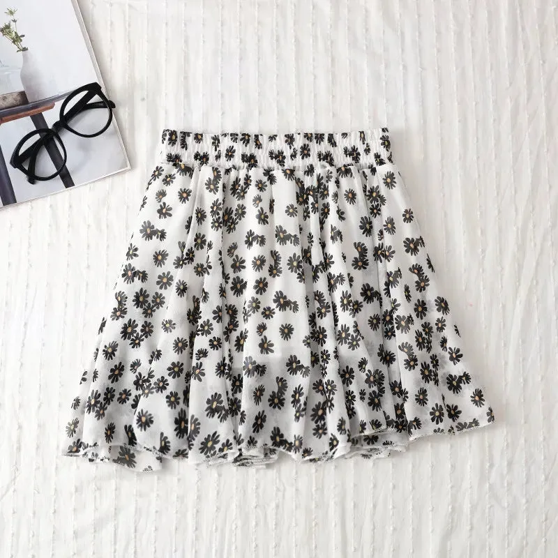 Women's skirt summer high waist printed chiffon pleated floral short skirt Safety one word floral mini skirt