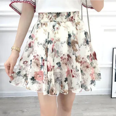 Women's skirt summer high waist printed chiffon pleated floral short skirt Safety one word floral mini skirt