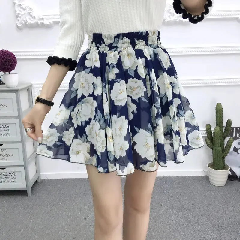 Women's skirt summer high waist printed chiffon pleated floral short skirt Safety one word floral mini skirt