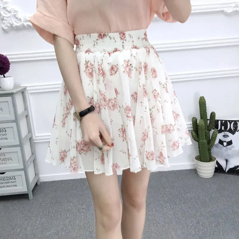 Women's skirt summer high waist printed chiffon pleated floral short skirt Safety one word floral mini skirt