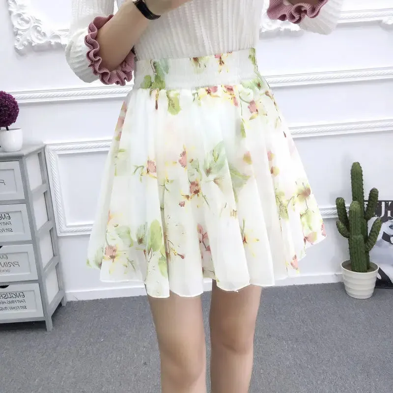 Women's skirt summer high waist printed chiffon pleated floral short skirt Safety one word floral mini skirt